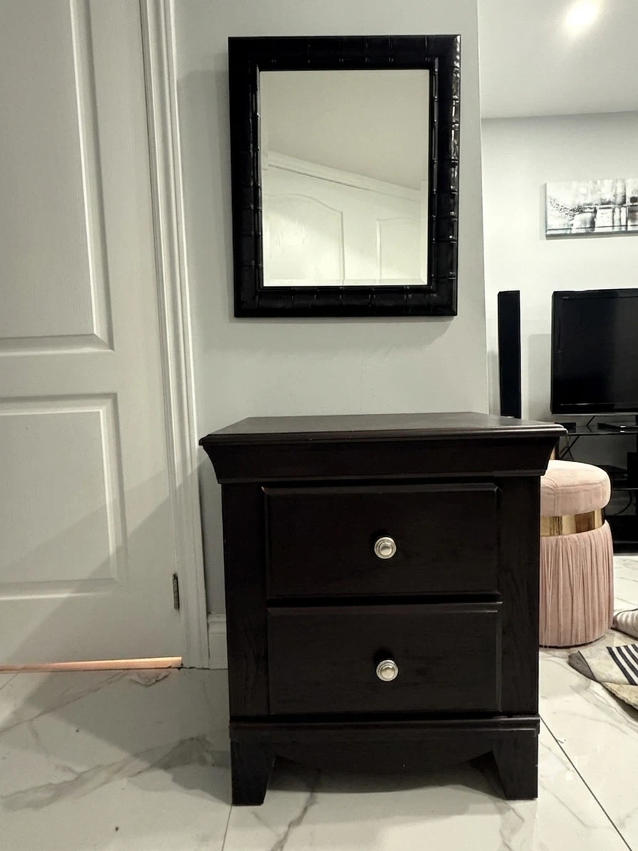 2-Piece Espresso Nightstand & Matching Wall Mirror Set