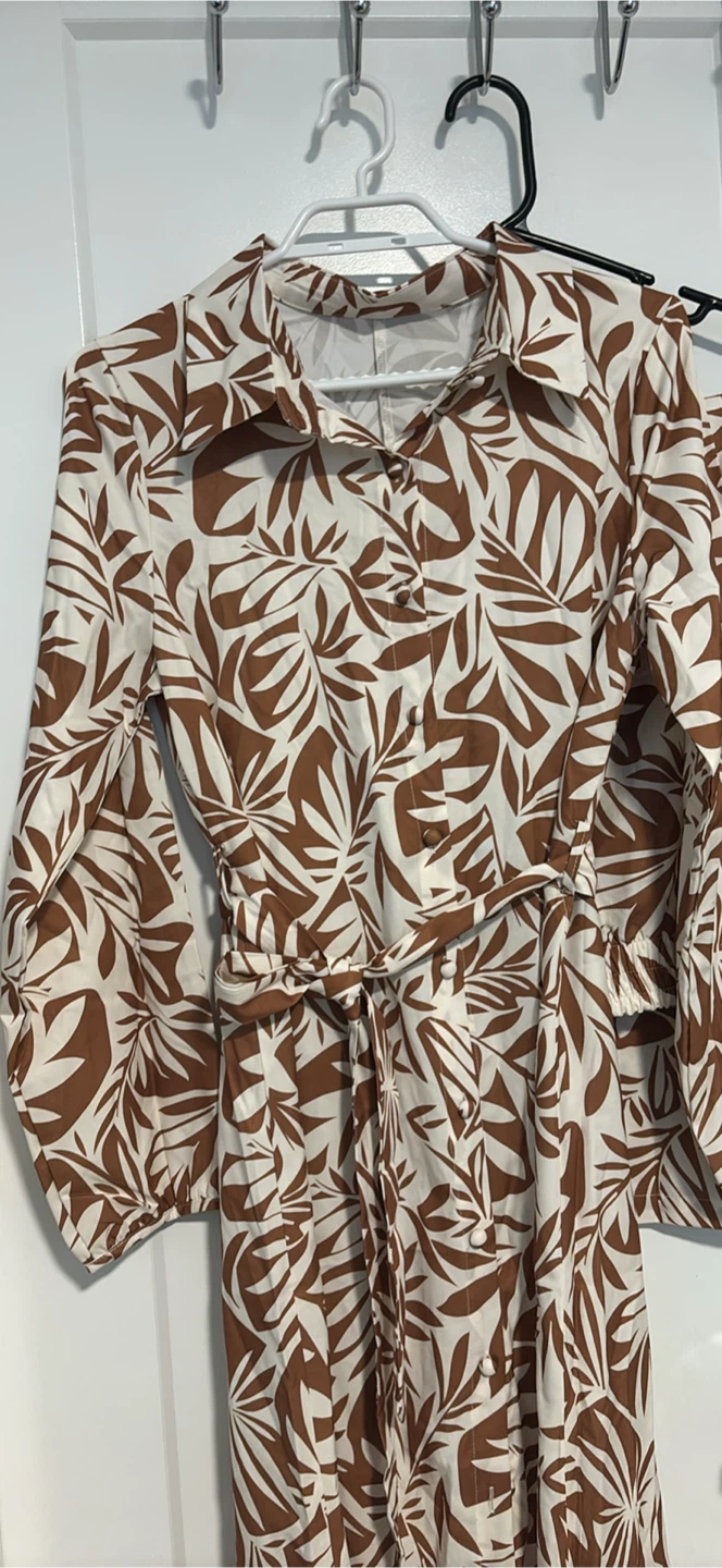 Brown and White Leaf Print Shirt and Pants Set