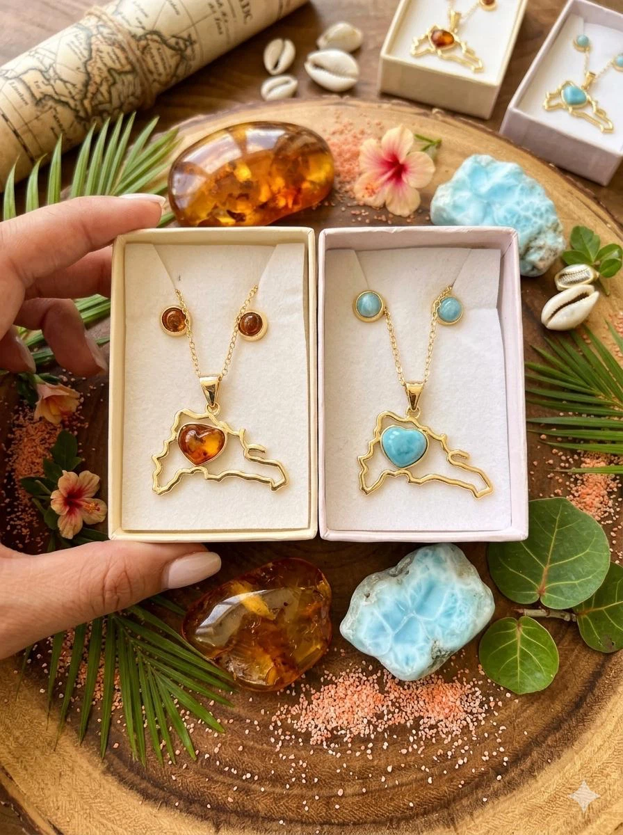 Map Outline Necklace & Earring Set with Gemstone Heart