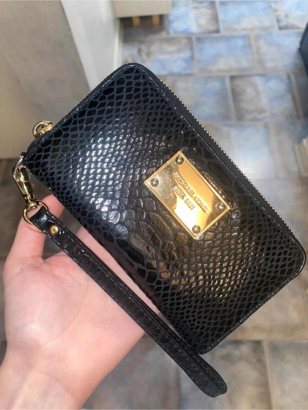Michael Kors Black Snake Embossed Zip Around Wallet
