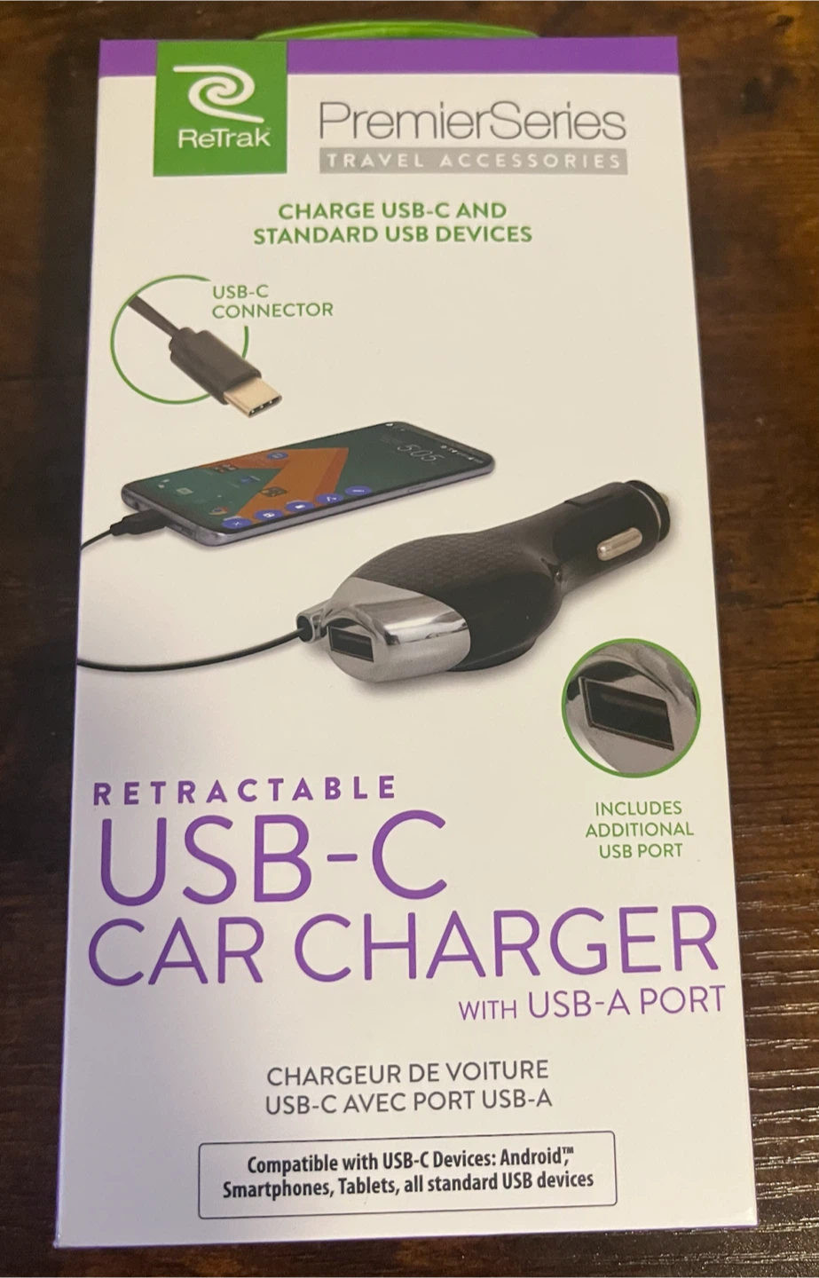 ReTrak Retractable USB-C Car Charger with USB-A Port