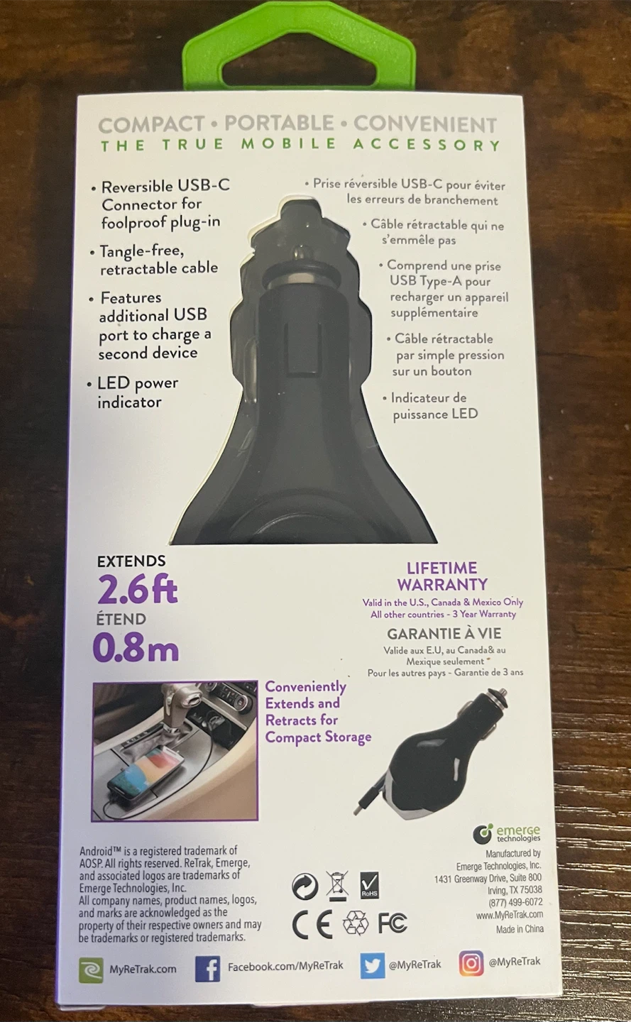 ReTrak Retractable USB-C Car Charger with USB-A Port - photo 2