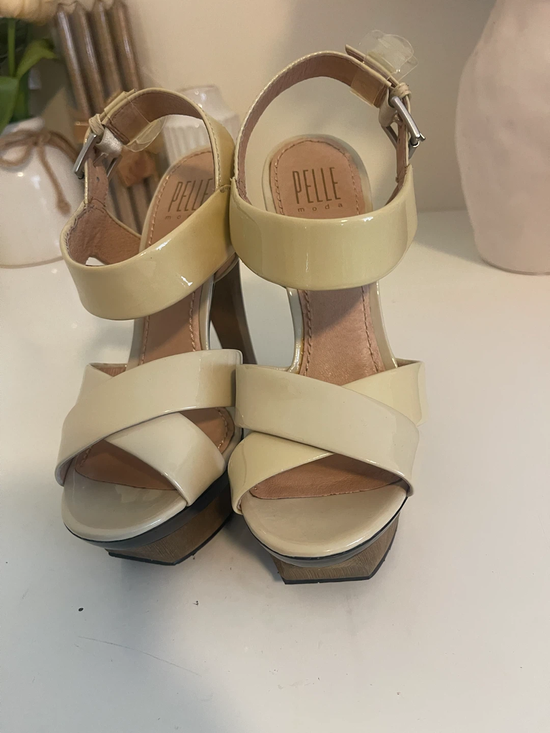 Pelle Moda Cream Patent Platform Heels