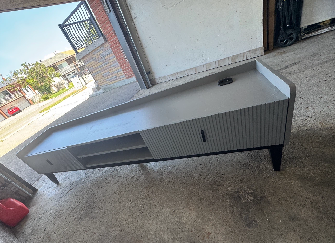 Grey Media Console with ribbed doors