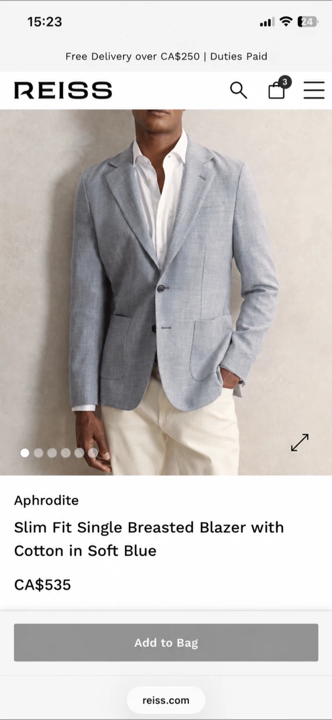 [New] Reiss Aphrodite Slim Fit Blazer | Size 42R | Soft Blue