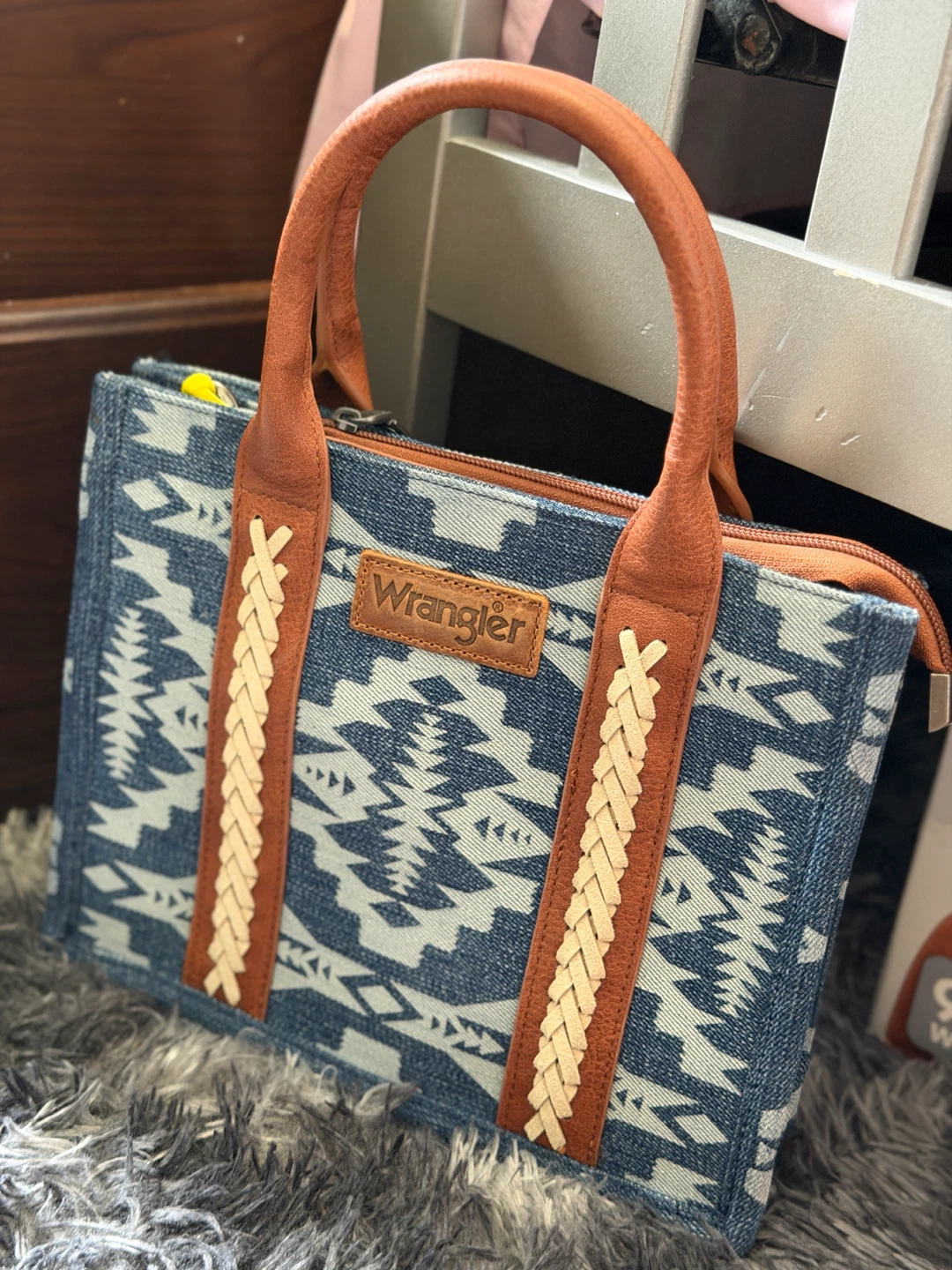 Wrangler Denim Tote Bag with Geometric Pattern