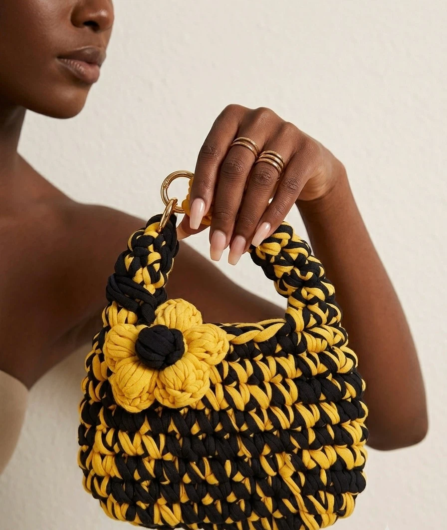Chunky Crochet Bag, Handmade Two Tone Top Handle Purse