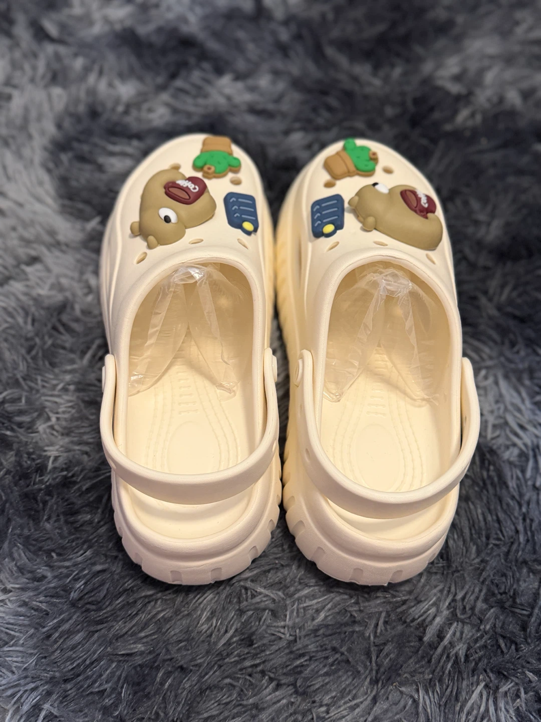 Cream Clogs with Cute Bear and Coffee Charms - Size Medium