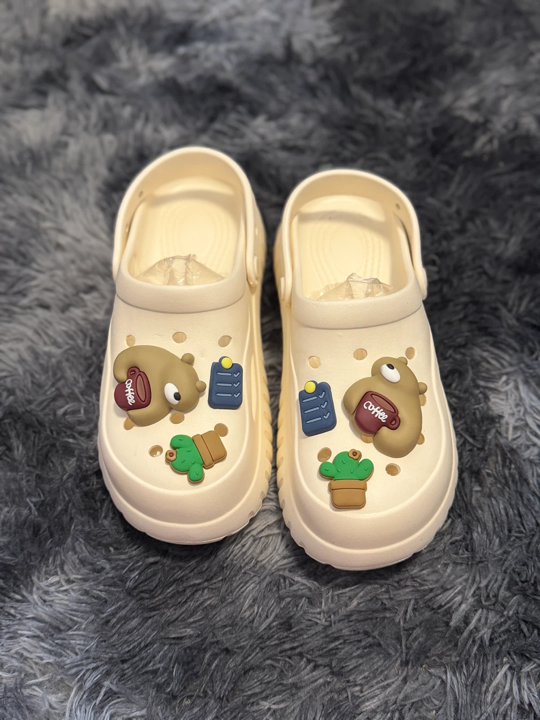 Cream Clogs with Cute Bear and Coffee Charms - Size Medium - photo 2