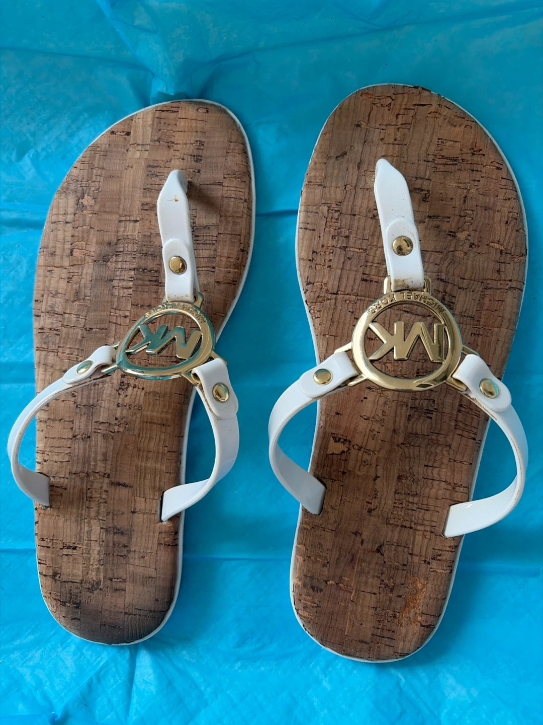 Michael Kors White MK Logo Cork Flip Flops Sandals