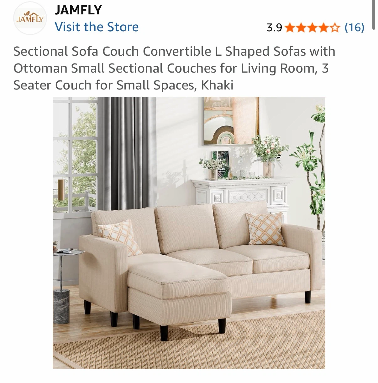JAMFLY Sectional Sofa Couch with Ottoman - Khaki