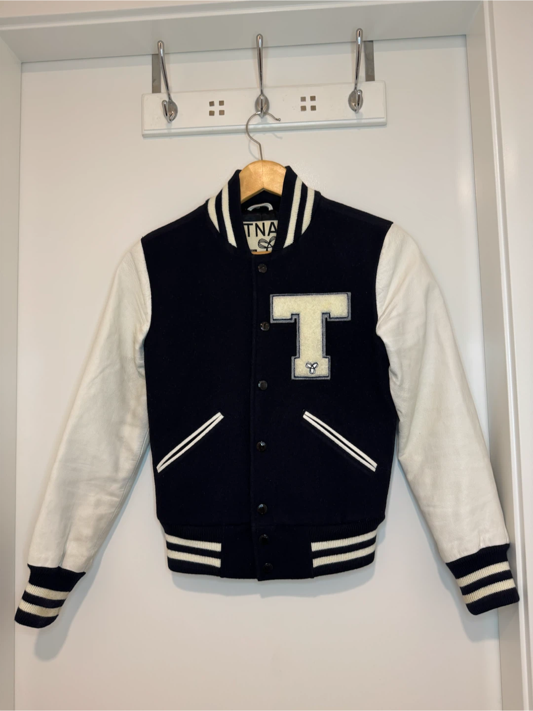 Aritzia TNA Varsity Jacket XS Navy White Wool Leather Sleeve