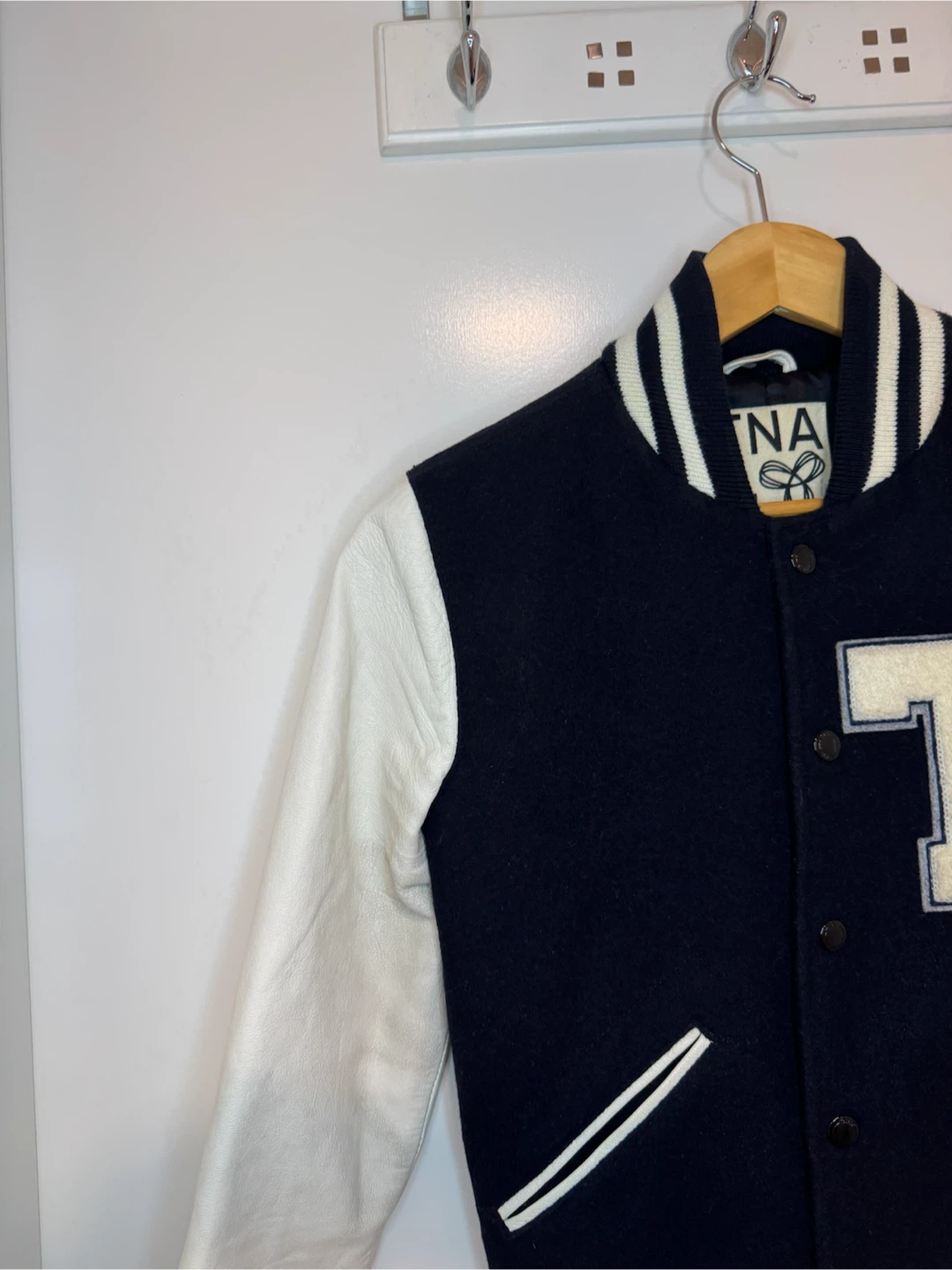 Aritzia TNA Varsity Jacket XS Navy White Wool Leather Sleeve - photo 3