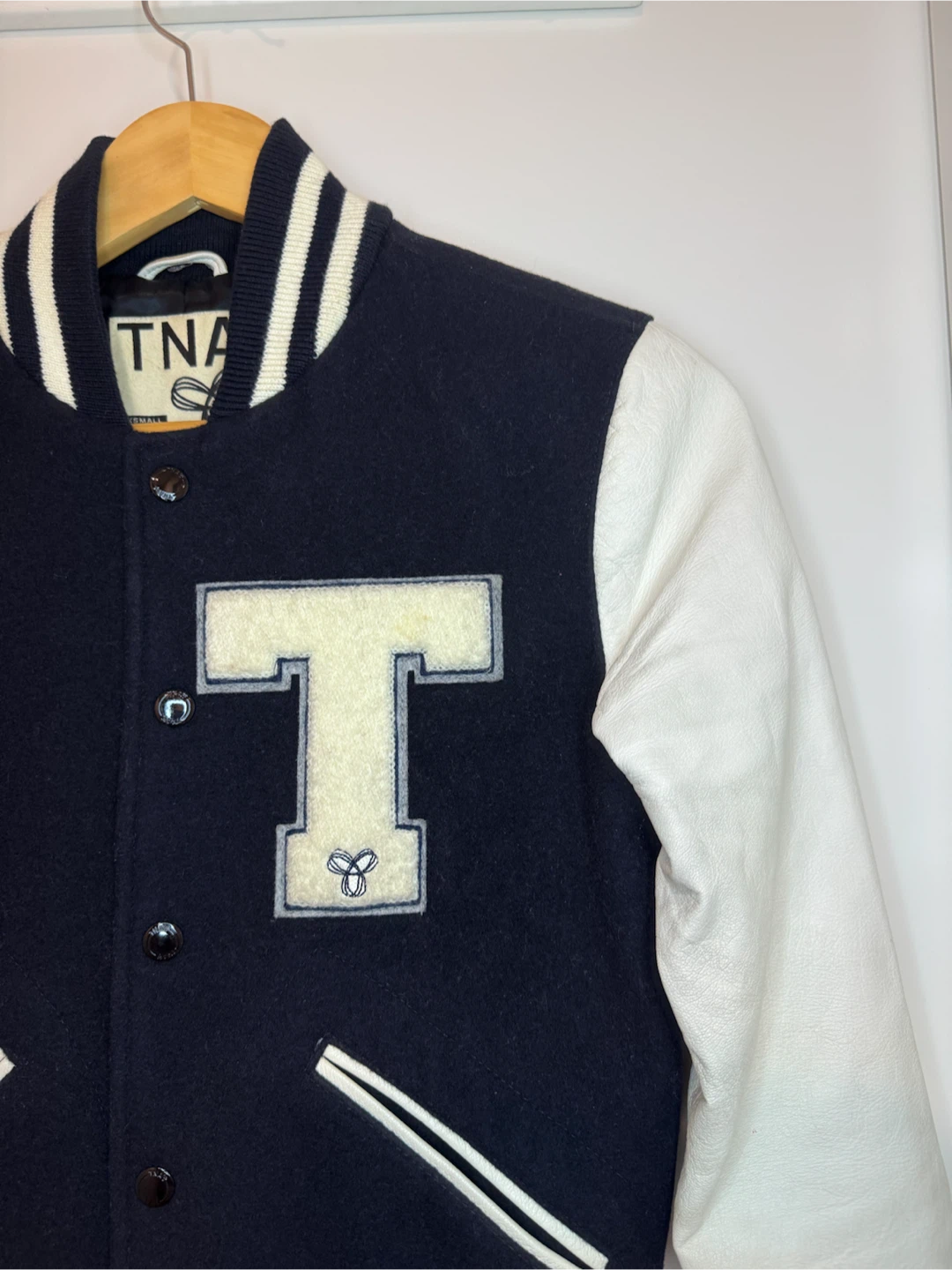 Aritzia TNA Varsity Jacket XS Navy White Wool Leather Sleeve - photo 5