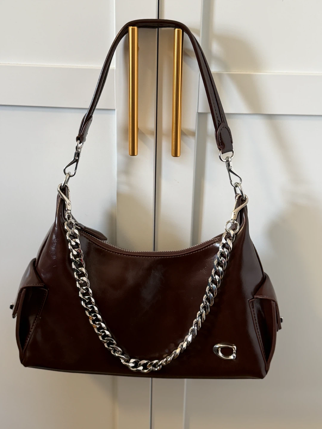 Brown Shoulder Bag with Chain Detail