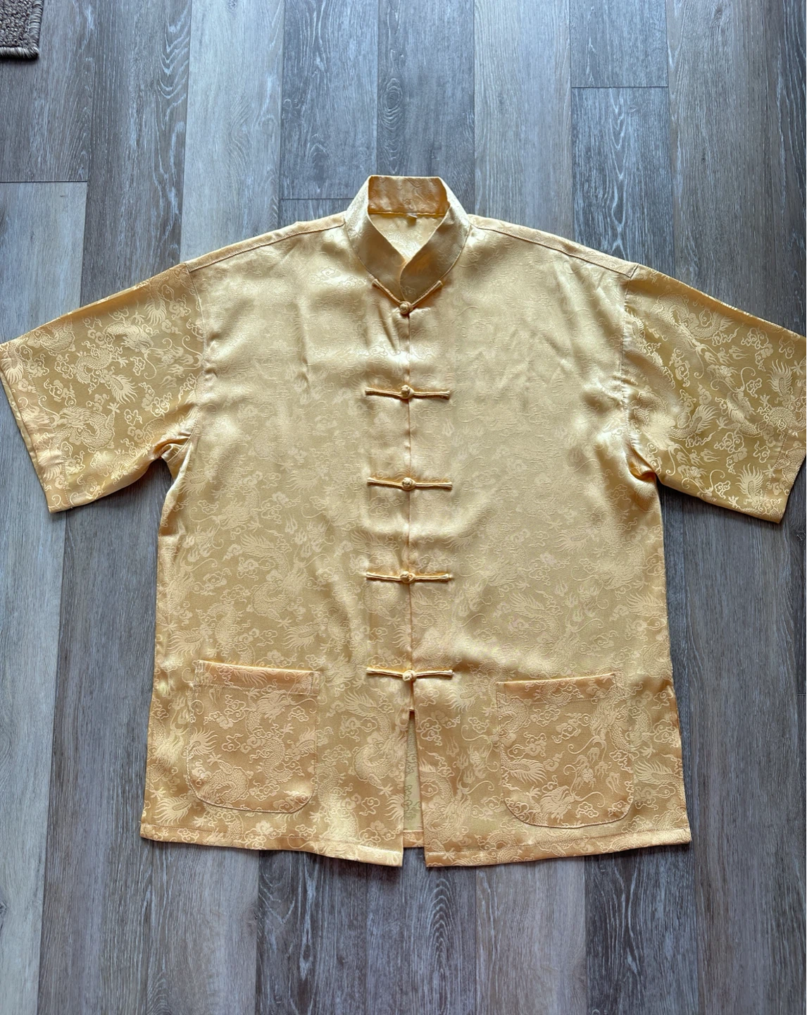 Gold Brocade Dragon Print Shirt L