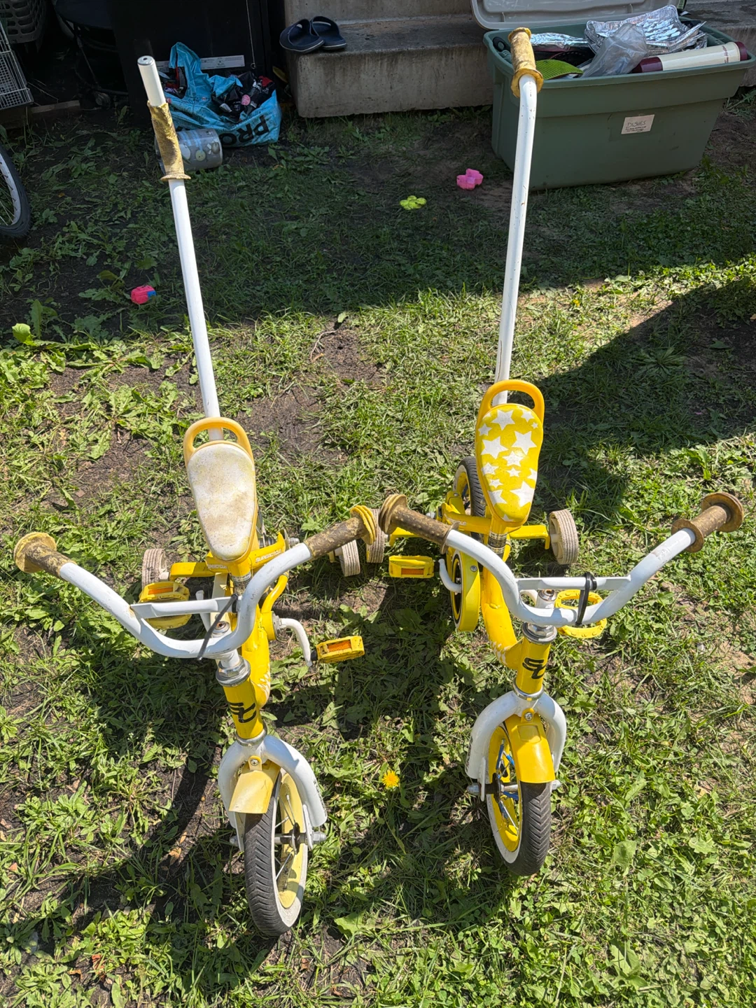 Yellow Ride-On Toy Tricycles with Push Handle (Set of 2)