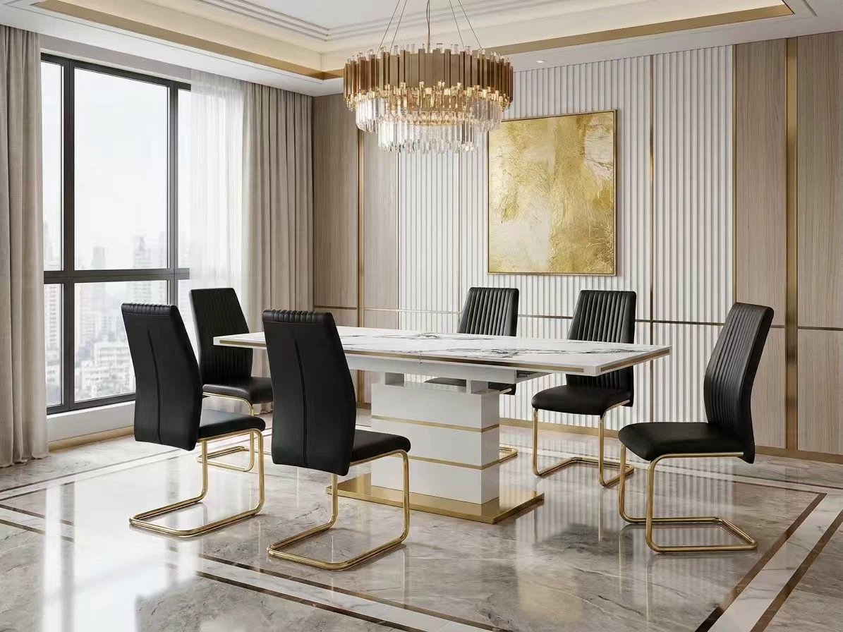 Dining Table + Chairs (Set of 6) - Grey Faux Leather & Gold Legs