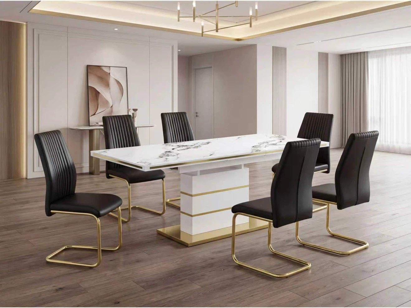Dining Table + Chairs (Set of 6) - Grey Faux Leather & Gold Legs - photo 2