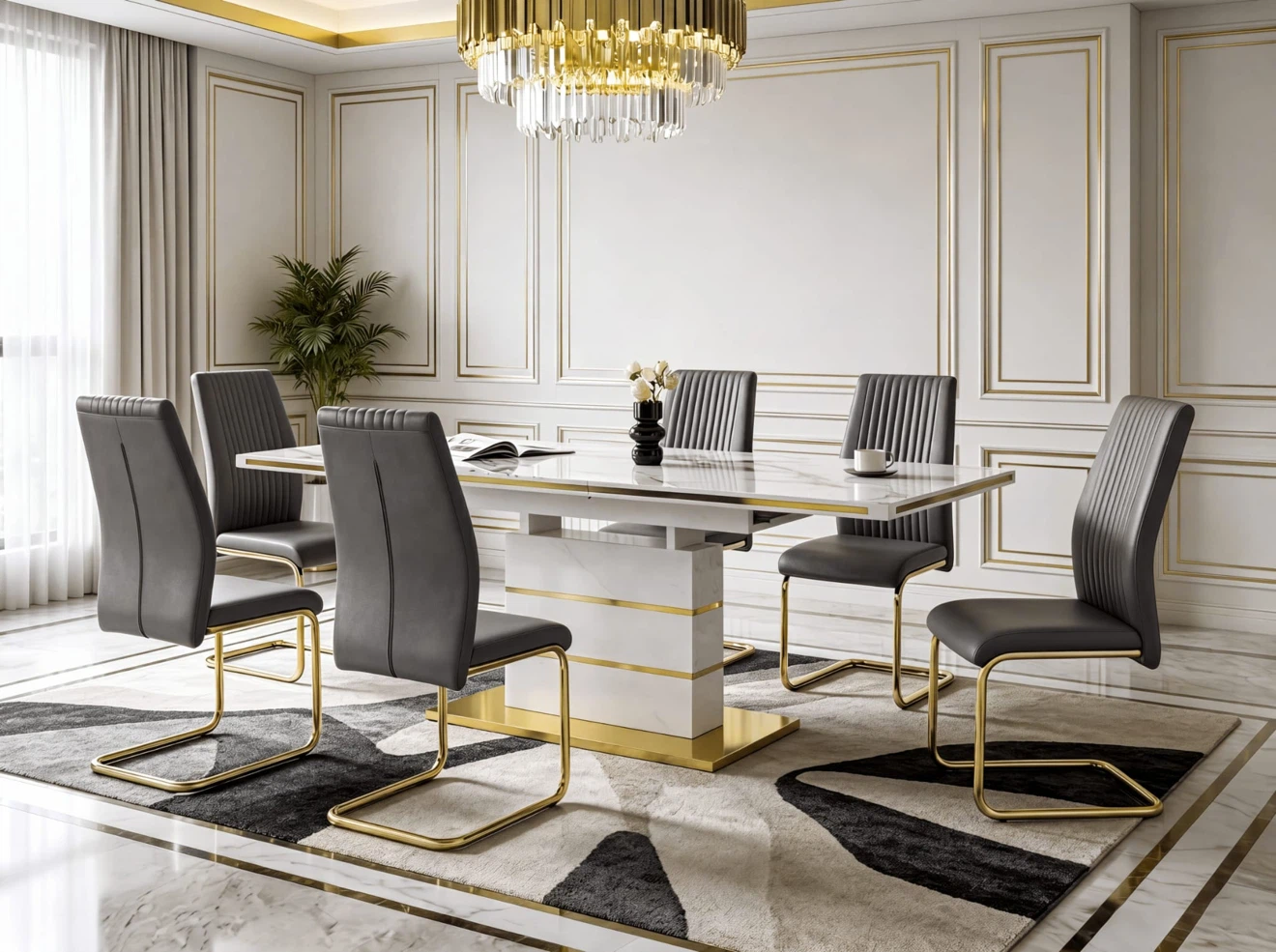 Dining Table + Chairs (Set of 6) - Grey Faux Leather & Gold Legs - photo 3