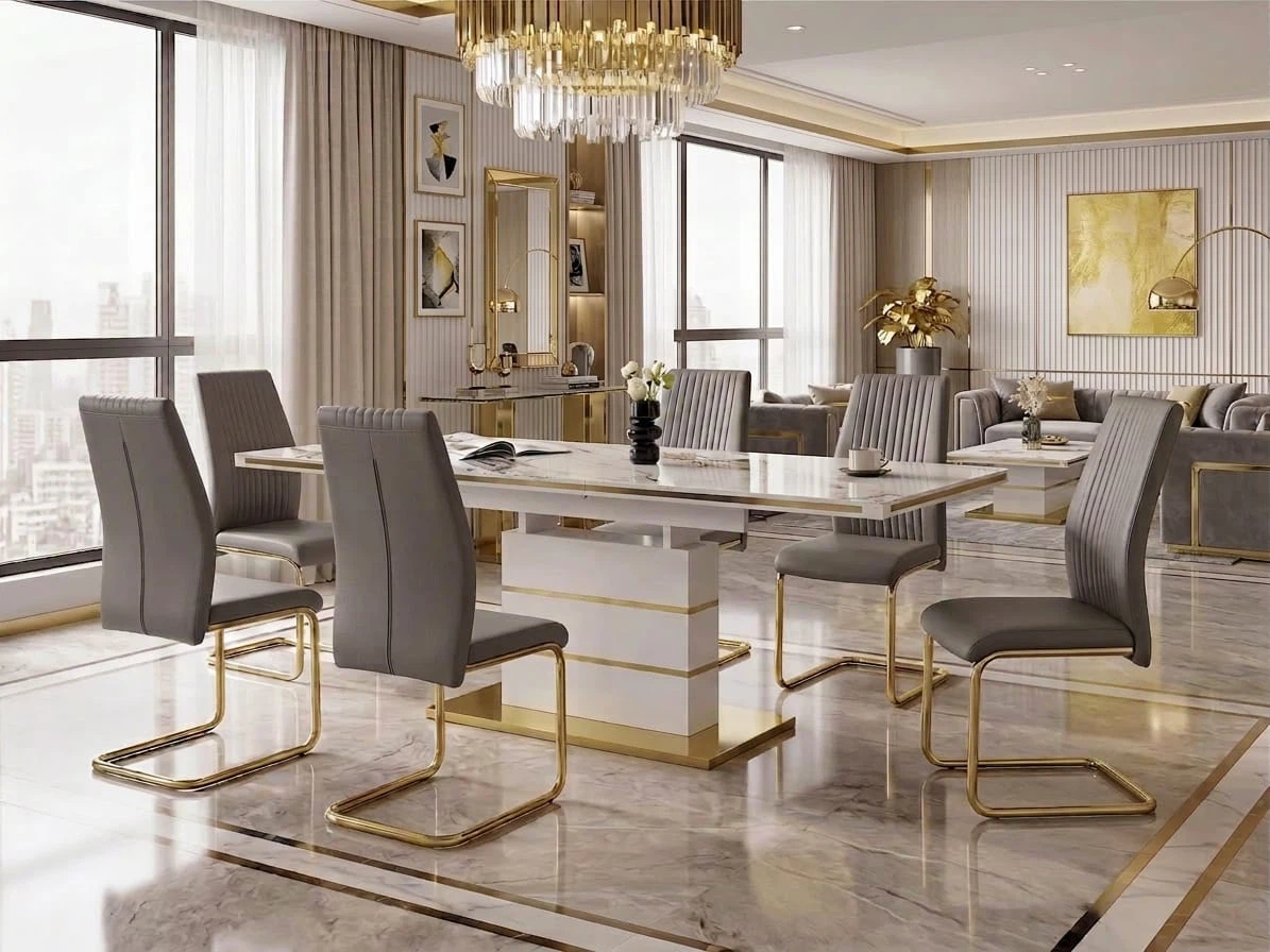 Dining Table + Chairs (Set of 6) - Grey Faux Leather & Gold Legs - photo 4