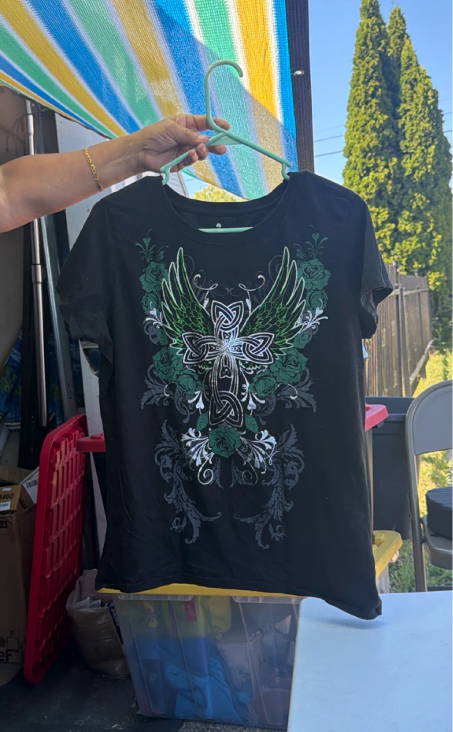 Black T-Shirt with Celtic Cross and Wings Design
