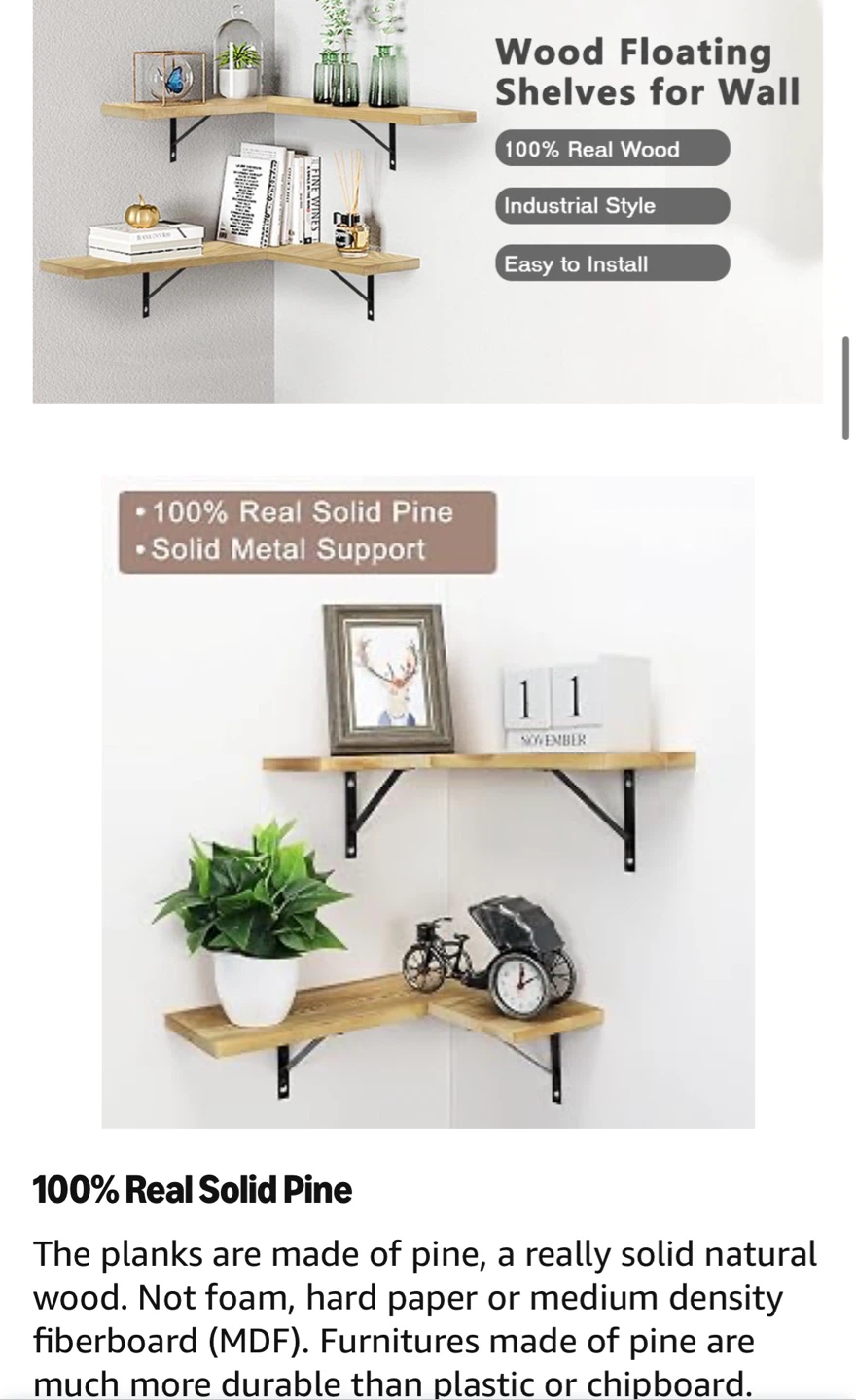 Befayoo Corner Floating Wall Shelves - Pine Wood