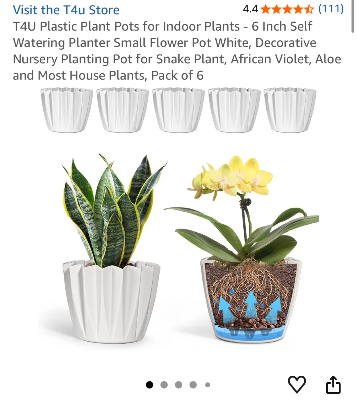 T4U 6 Inch Self Watering Plant Pots - Pack of 6 - White
