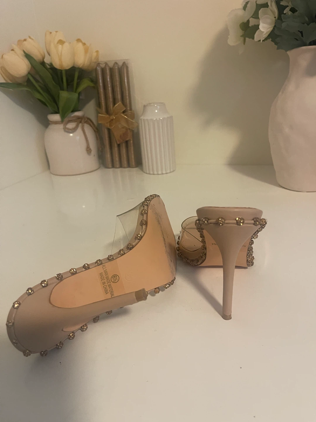 Olivia Beige Rhinestone Square Toe Mules Heels Size 6.5