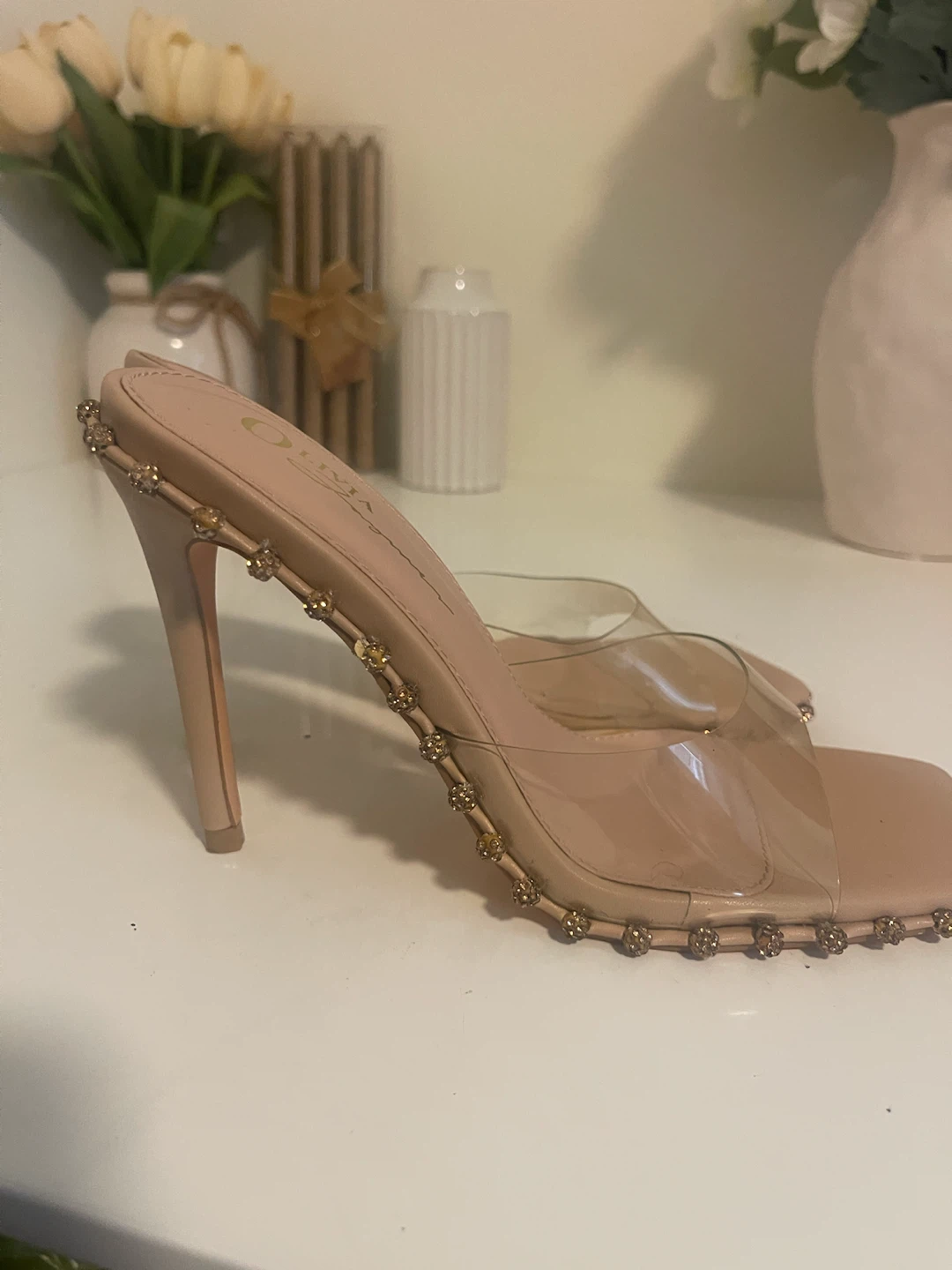 Olivia Beige Rhinestone Square Toe Mules Heels Size 6.5 - photo 2