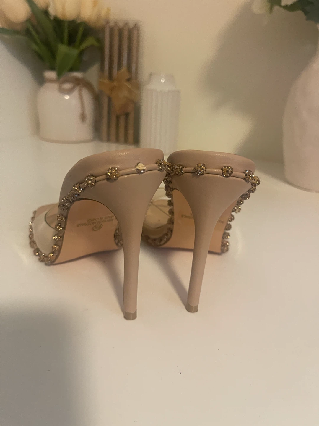 Olivia Beige Rhinestone Square Toe Mules Heels Size 6.5 - photo 3