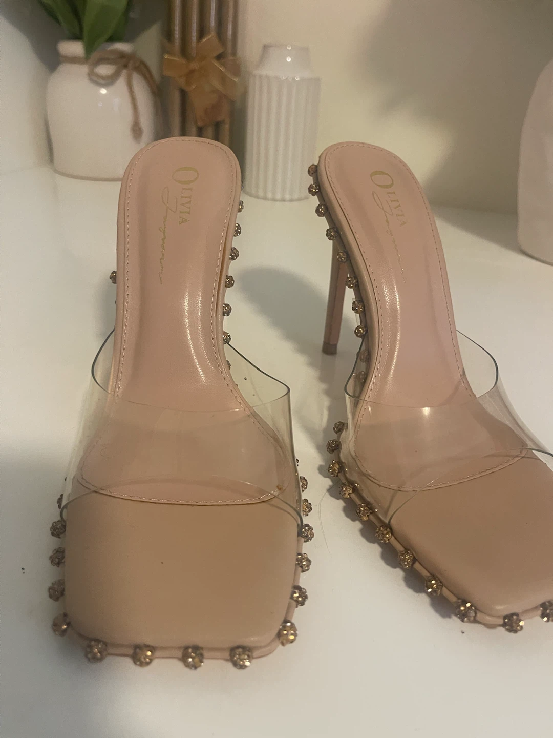 Olivia Beige Rhinestone Square Toe Mules Heels Size 6.5 - photo 4