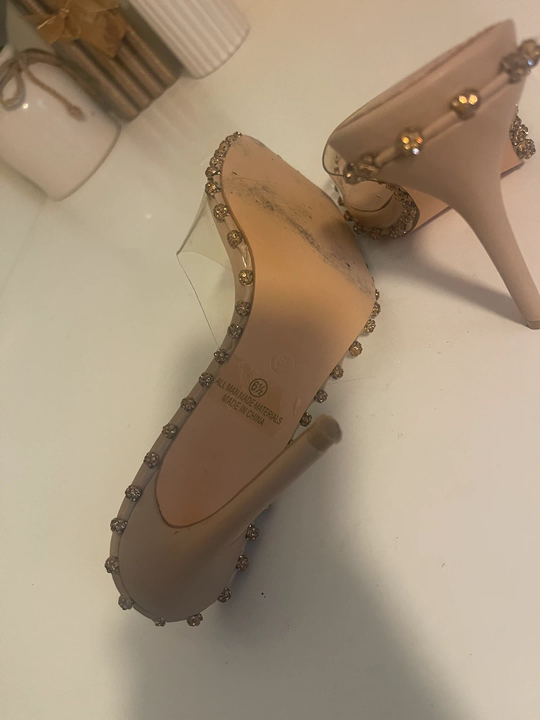 Olivia Beige Rhinestone Square Toe Mules Heels Size 6.5 - photo 5