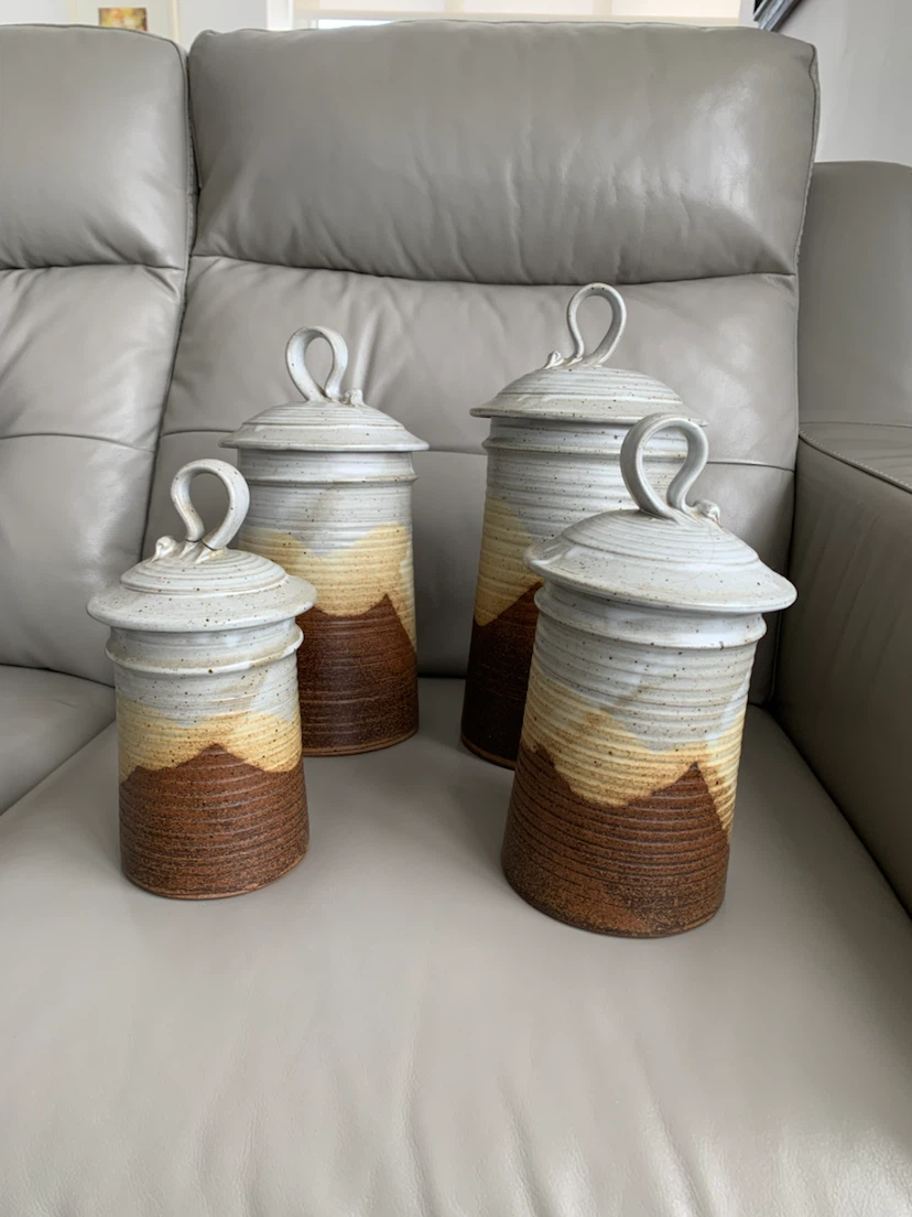 “ A Set of 4 - Ceramic Tile, Painted, Unique Canisters “ !