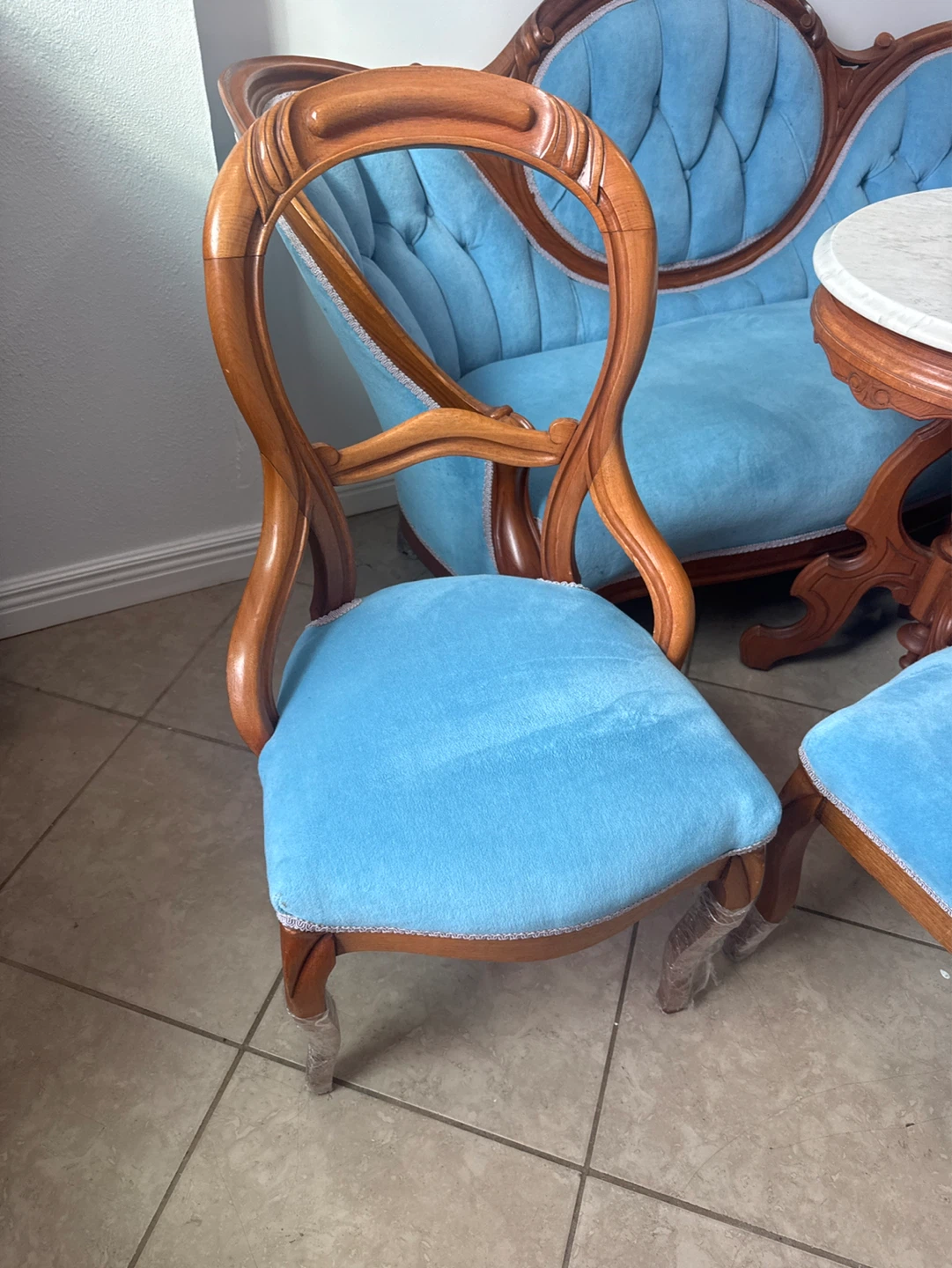 Vintage Blue Tufted Loveseat and Chairs with Marble Top Table - photo 4