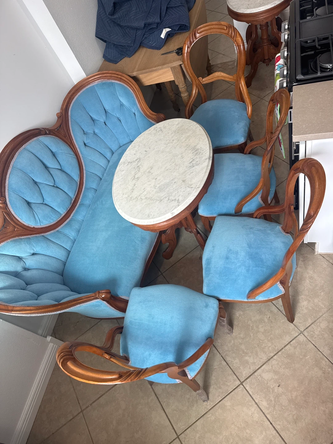 Vintage Blue Tufted Loveseat and Chairs with Marble Top Table