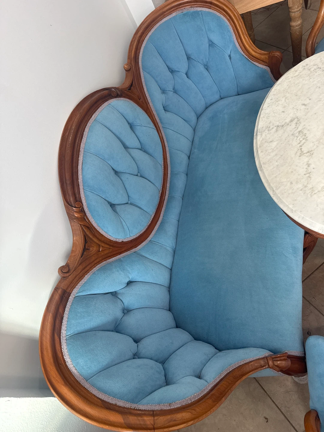 Vintage Blue Tufted Loveseat and Chairs with Marble Top Table - photo 3