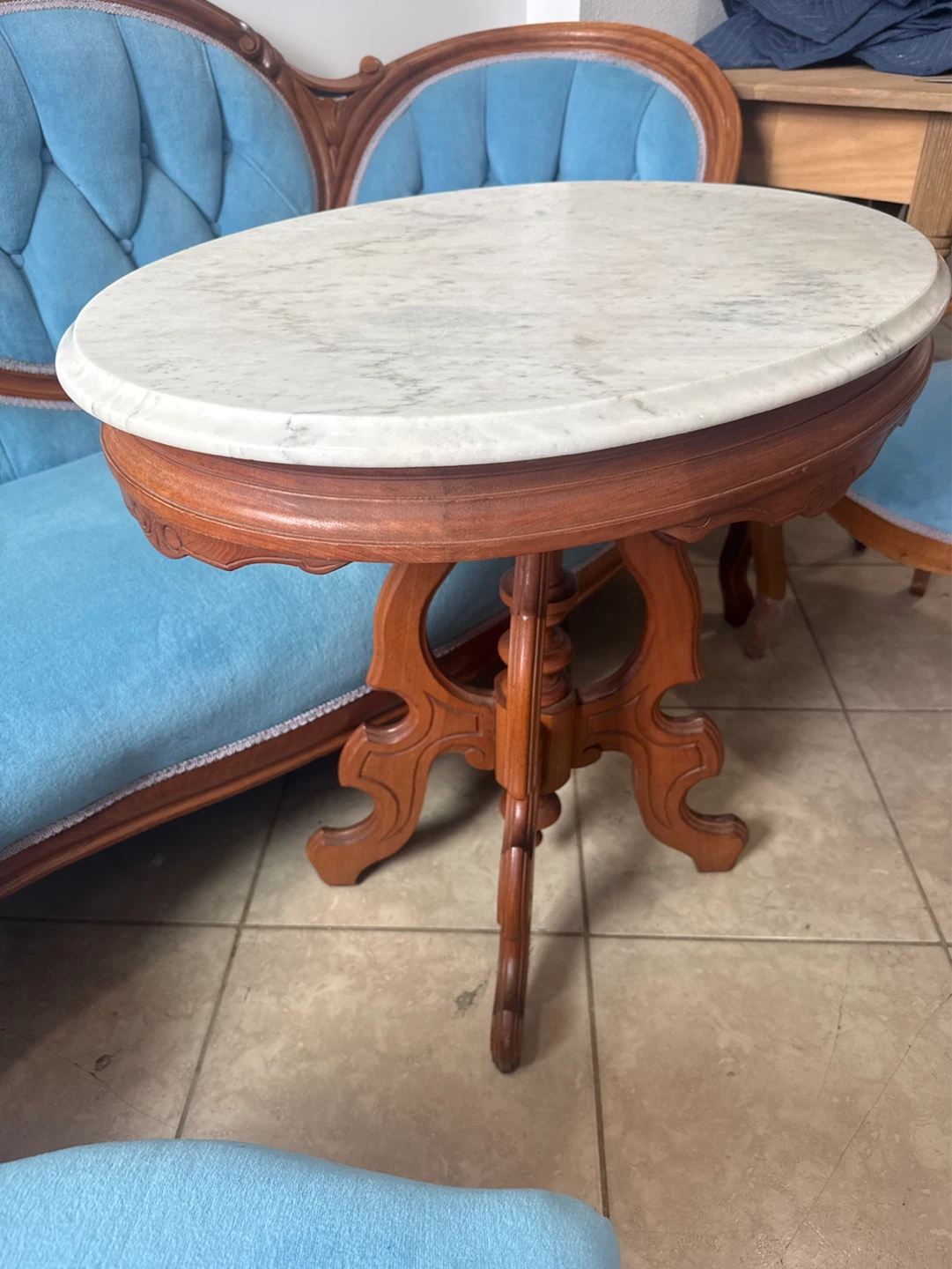 Vintage Blue Tufted Loveseat and Chairs with Marble Top Table - photo 5