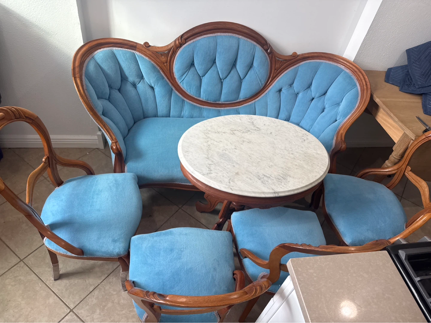 Vintage Blue Tufted Loveseat and Chairs with Marble Top Table - photo 2