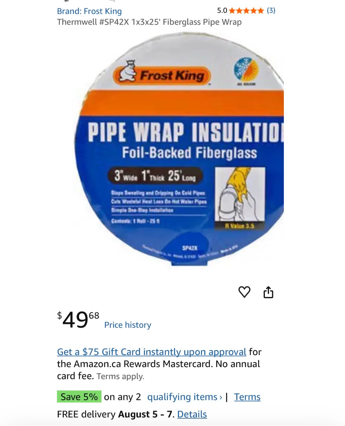 New 2 Frost King Pipe Wrap Insulation - Foil-Backed Fiberglass - photo 3
