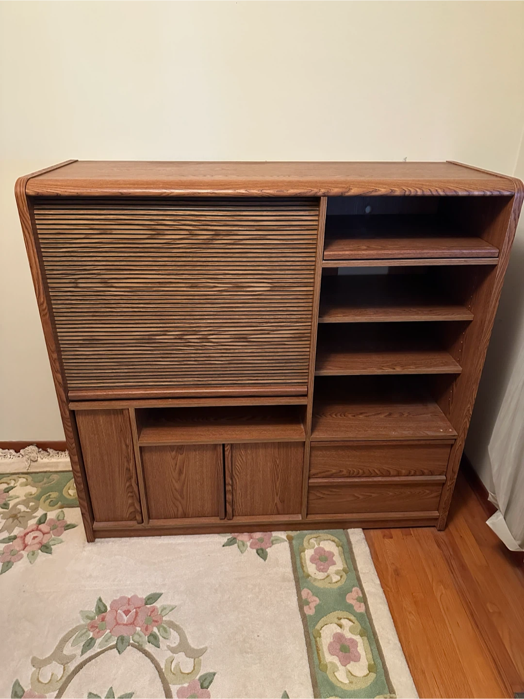 Wooden Entertainment Unit with Roll-Top Desk