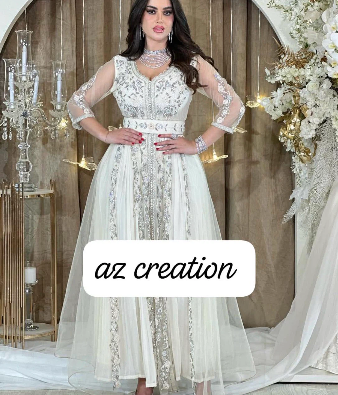 Az Creation White Embroidered Kaftan Dress
