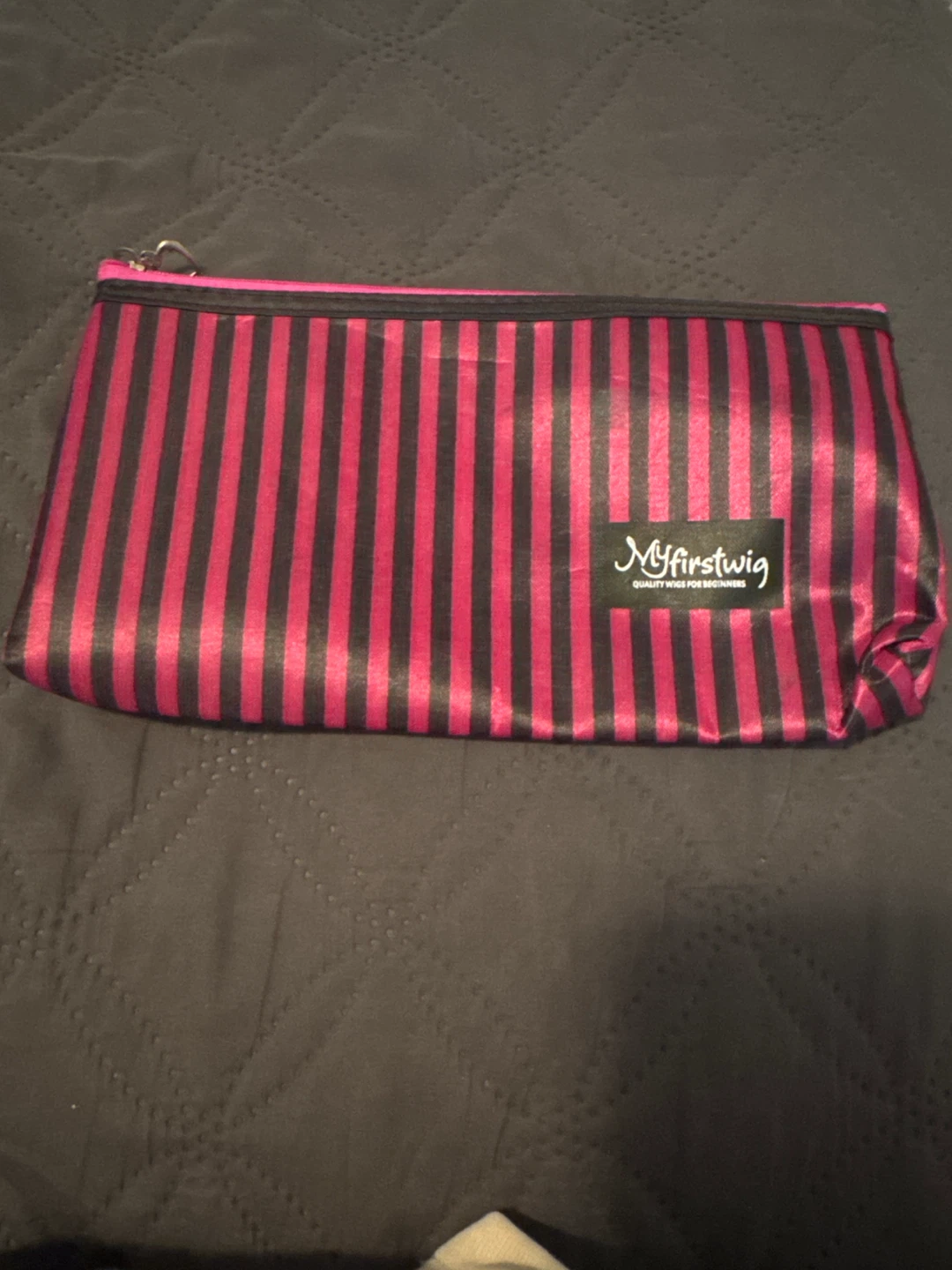 Pink and Black Striped Makeup Bag