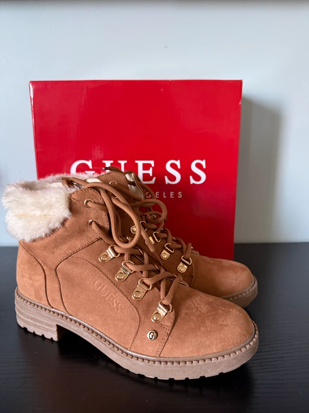 GUESS Women's Tan Faux Suede Fur Lined Lace-Up Boots