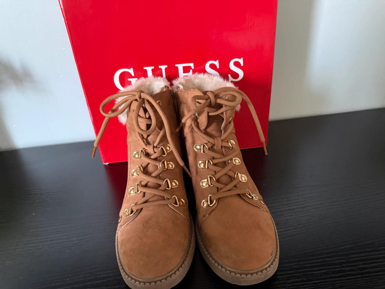 GUESS Women's Tan Faux Suede Fur Lined Lace-Up Boots - photo 2