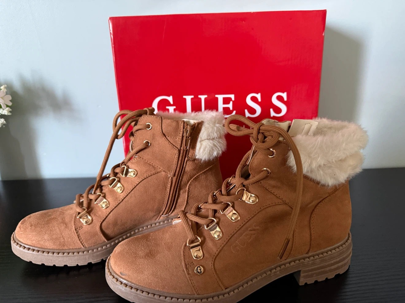 GUESS Women's Tan Faux Suede Fur Lined Lace-Up Boots - photo 4