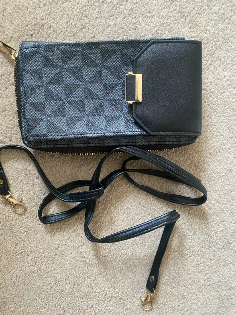 Black Geometric Print Wallet with Strap