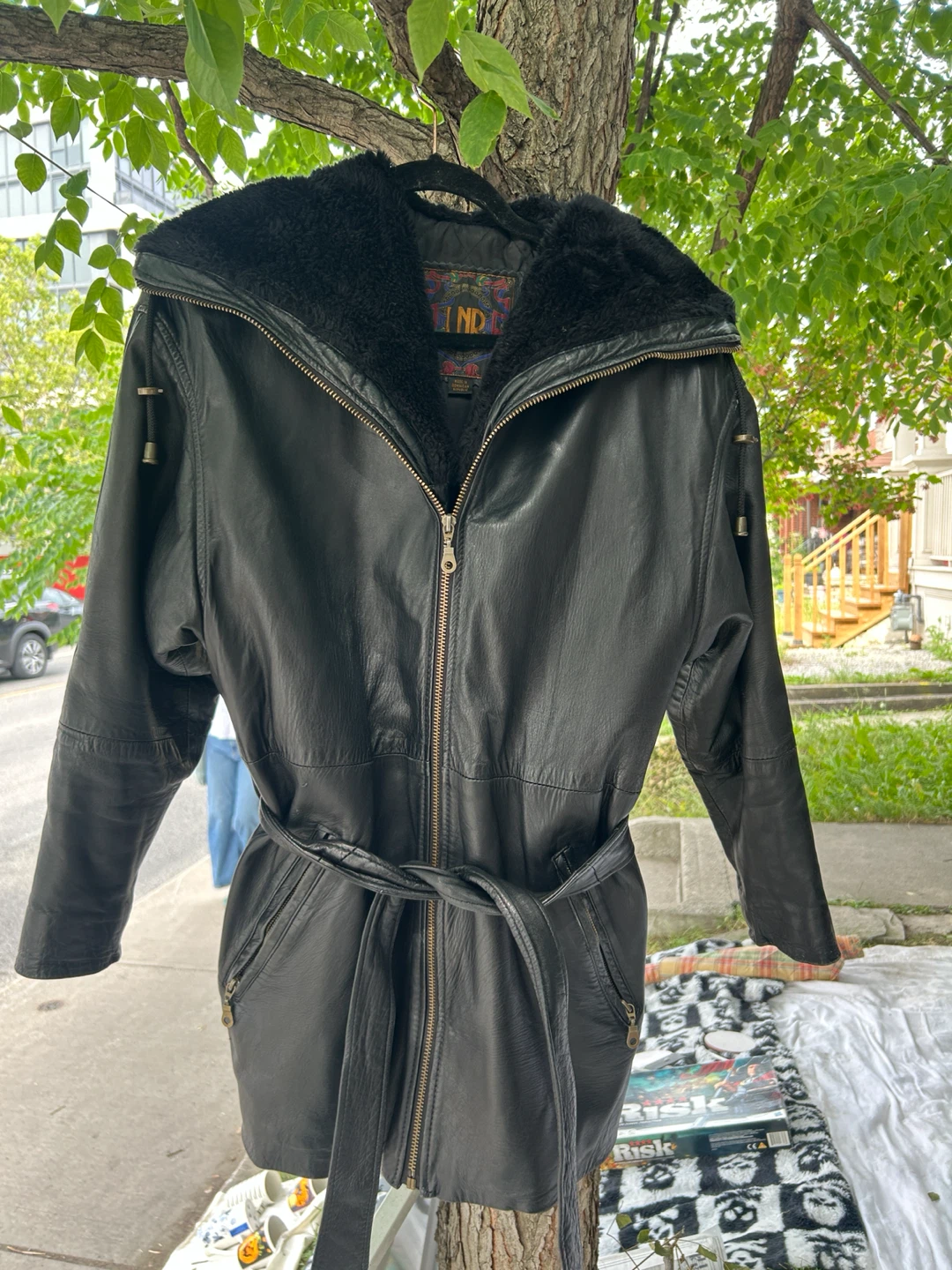 Black Leather Trench Coat with Fur Collar