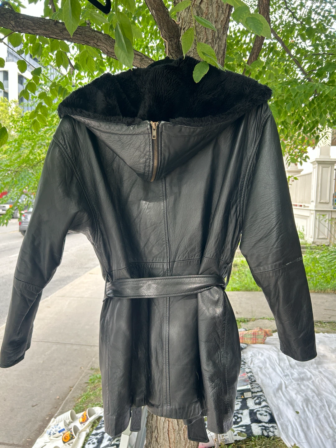 Black Leather Trench Coat with Fur Collar - photo 2