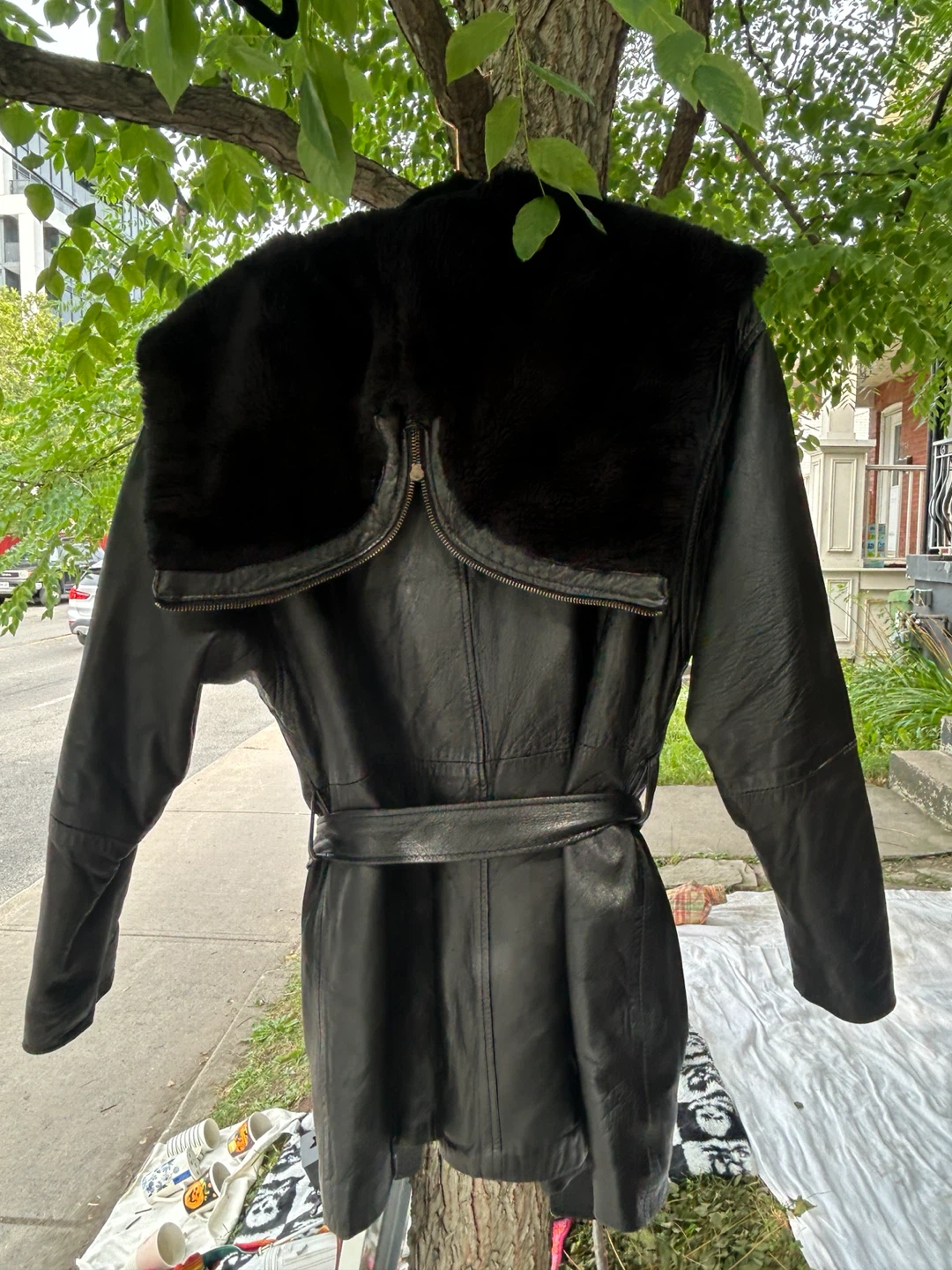 Black Leather Trench Coat with Fur Collar - photo 3